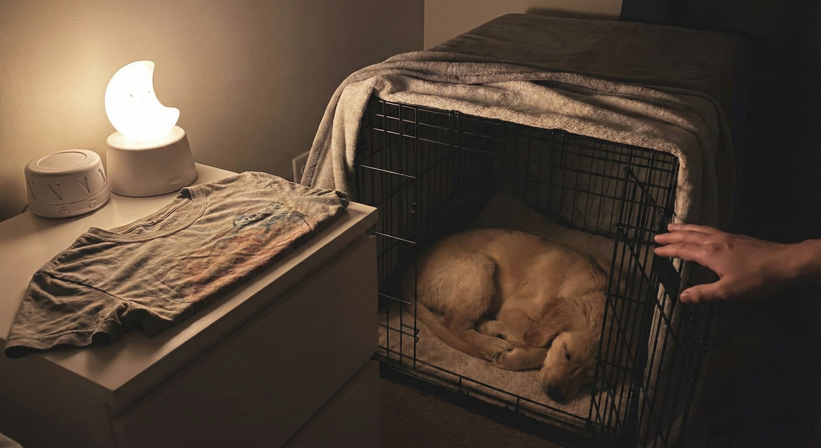 Puppy showing signs of anxiety and stress in crate